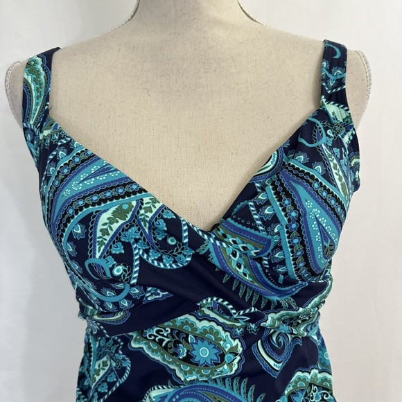 Lands End V Neck Blue/Green Paisley Underwire Tankini Swim Top Size 8 - Picture 2 of 7
